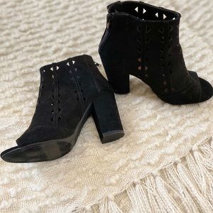 SOLD:Brash Black Suede Open Toe Booties